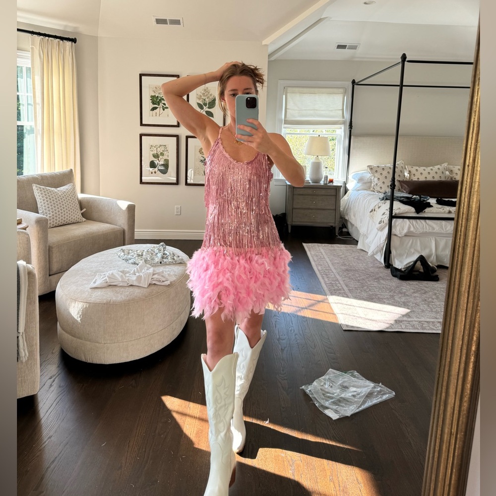 Pink sequin and feather dress